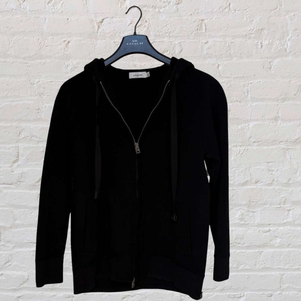 Coach 1941 Black Wool Zip Hoodie with Leather Trim